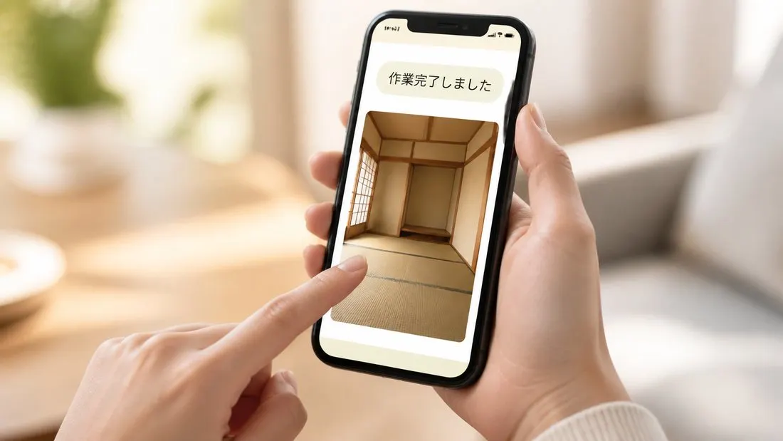 LINEで作業完了の写真報告を受け取っている様子